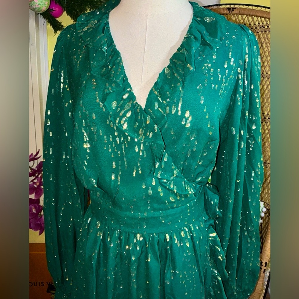 Lilly Pulitzer NWT Birdy Silk Wrap Dress Evergreen Fish Clip $328 Size 10,12 - Picture 10 of 10